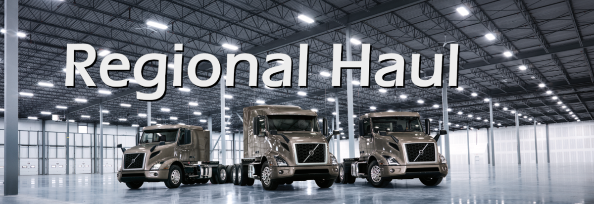 The words Regional Haul, over three large trucks
